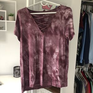 American Eagle red tie dye lace up t shirt